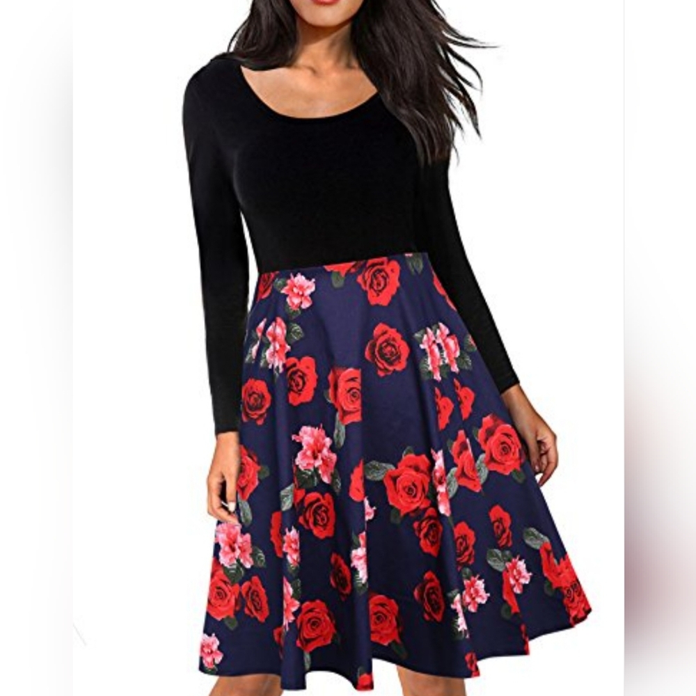 iClosam Woman's Long Sleeve Fit and Flare Floral Black, Navy, and Red Dress XL